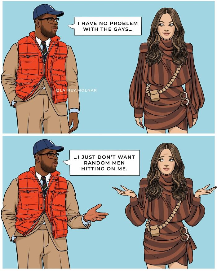 Illustration by Lainey Molnar showing a man and woman discussing boundaries and societal expectations about interactions.