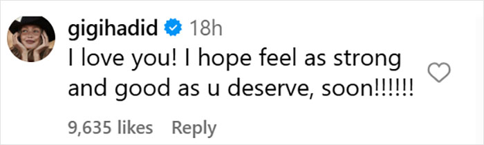 Comment from Gigi Hadid expressing love and support for Bella Hadid after hospital photos revealing years of invisible suffering.