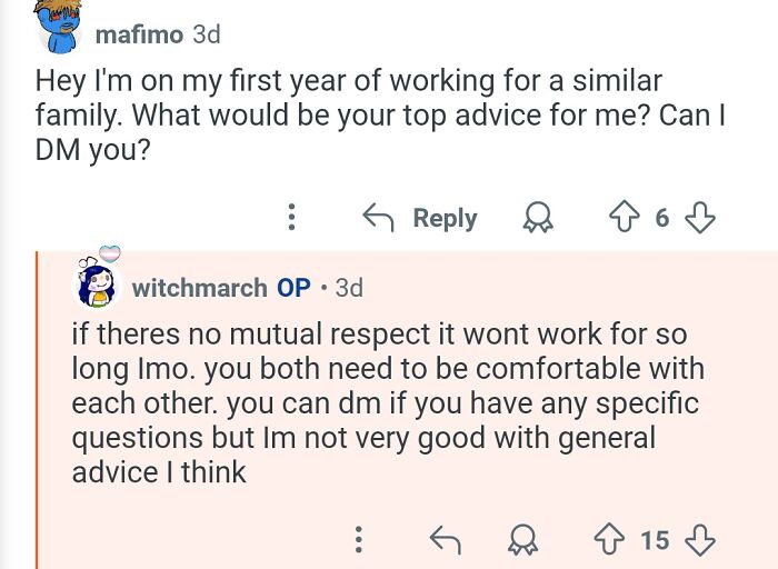 Comment exchange on Reddit with a personal assistant sharing advice about working for wealthy families, answering questions about billionaire work life.