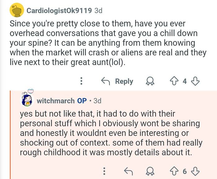 Reddit conversation showing a personal assistant answering questions about working for billionaires and their personal lives.