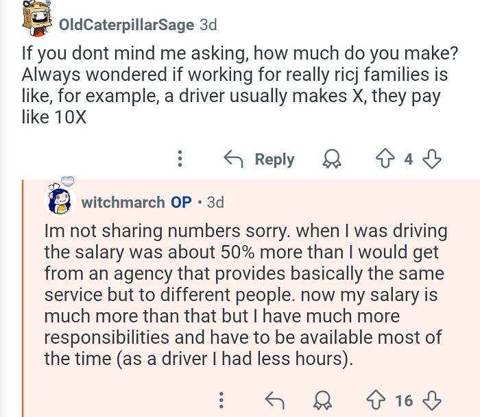 Personal assistant discussing salary and responsibilities of working for billionaires in a candid online Q&A conversation.