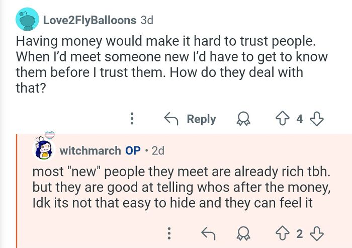 Comment exchange about challenges billionaires face trusting new people, shared by a personal assistant answering questions.