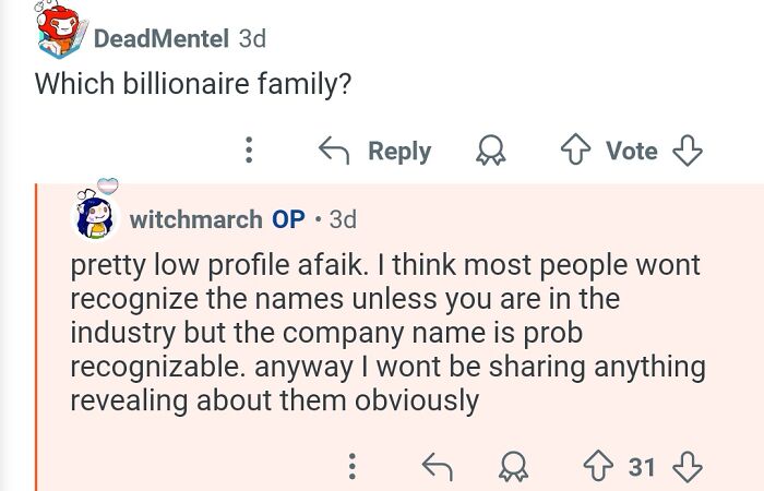 Reddit conversation about working for billionaires, discussing privacy and low-profile billionaire families.