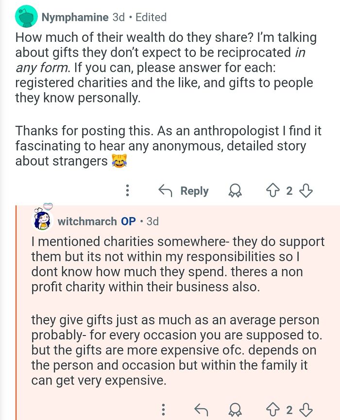 Comment exchange about charities and gifts from a personal assistant answering questions on working for billionaires.