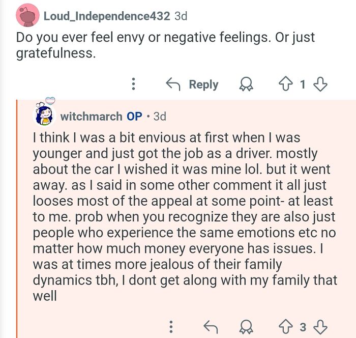 Social media comments from a personal assistant sharing experiences about working for billionaires and their emotions.