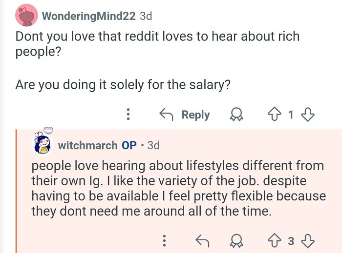 Reddit conversation showing a personal assistant sharing flexible job insights about working for billionaires.