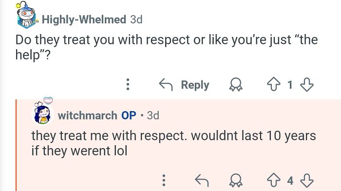 Screenshot of an online conversation where a personal assistant discusses being treated with respect by billionaires.