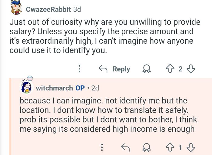 Screenshot of an online conversation about salary privacy concerns working as a personal assistant for billionaires.