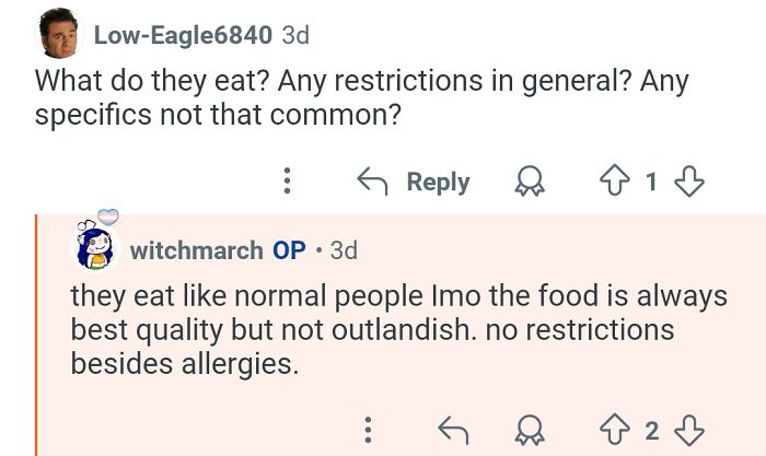 Screenshot of an online Q&A where a personal assistant answers questions about working for billionaires and their food preferences.