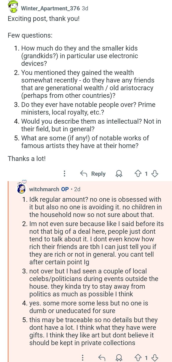 Screenshot of a Q&A where a personal assistant answers questions about working for billionaires and their lifestyle.