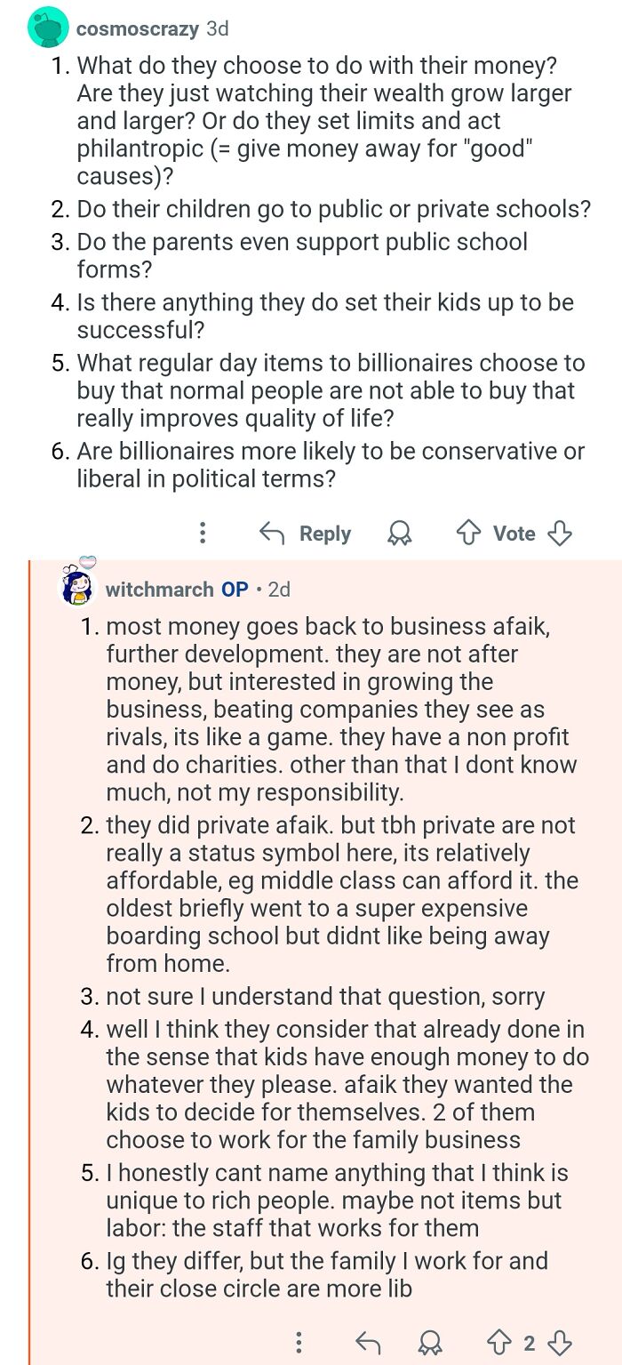 Text conversation showing insights from a personal assistant answering questions about working for billionaires.