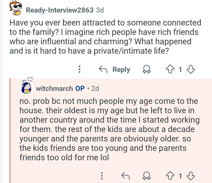 Screenshot of a conversation where a personal assistant answers questions about working for billionaires and their private life.