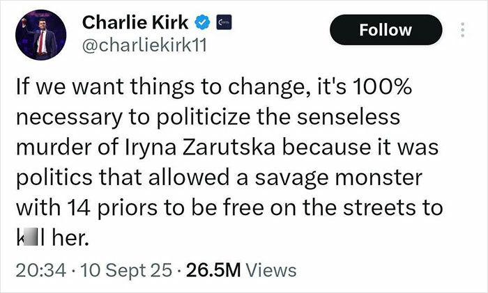 Screenshot of Charlie Kirk&rsquo;s tweet discussing politicizing the senseless murder of Iryna Zarutska after a brutal crime.