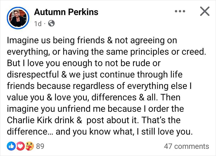 Social media post discussing ordering Charlie Kirk's favorite Starbucks drink and discovering a hidden hate message.