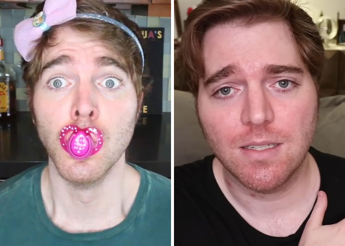Split image showing an influencer with a pacifier and headband on the left, and a serious expression on the right, illustrating influencer career decline.