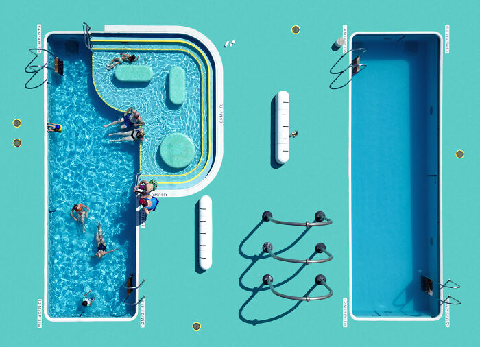 Aerial view of two minimalist swimming pools with swimmers and clear turquoise water highlighting minimalism design.