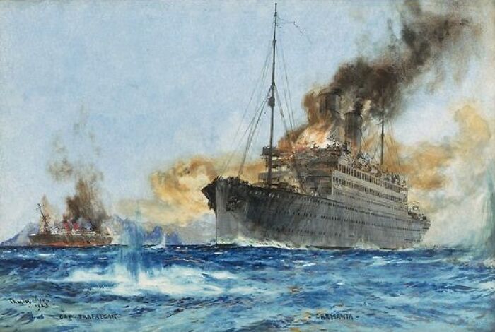A historical painting of a ship on fire with smoke and water splashes, showcasing real life more interesting and bizarre moments.