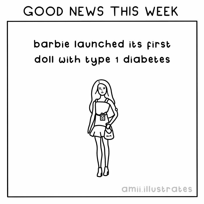 Barbie doll with type 1 diabetes featured in positive things that happened in the world this year illustration.