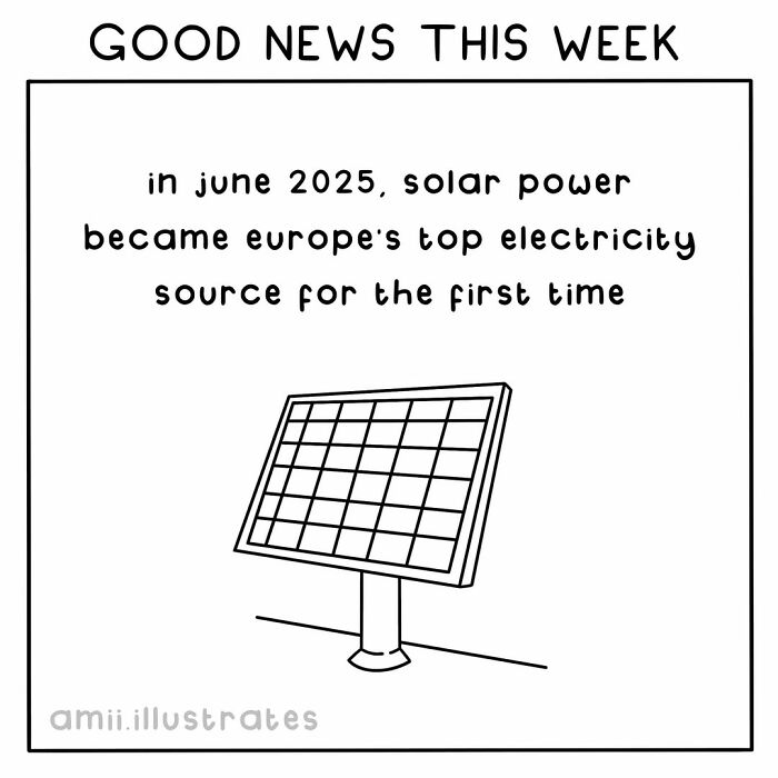 Solar power becomes Europe's top electricity source in June 2025, a positive thing that happened in the world this year.