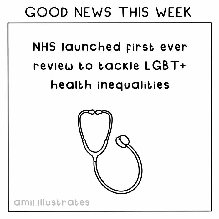 Positive news illustration showing NHS launching review to tackle LGBT+ health inequalities with a stethoscope icon.