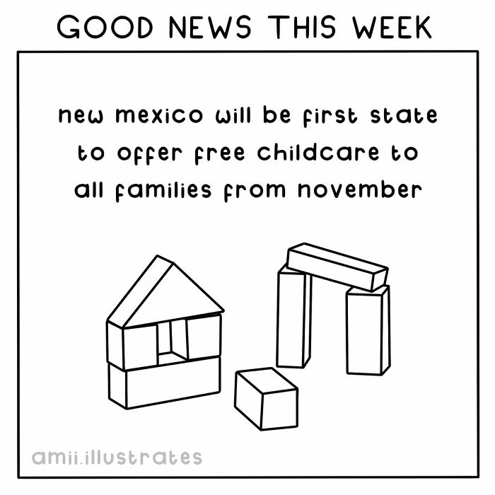 Good news illustration showing New Mexico offering free childcare to families, highlighting positive things in the world this year.