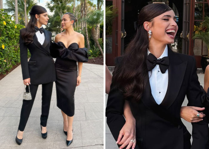 Two women dressed in stylish black outfits showcasing worst and wackiest wedding outfits from Selena Gomez and Billy Blanco event.