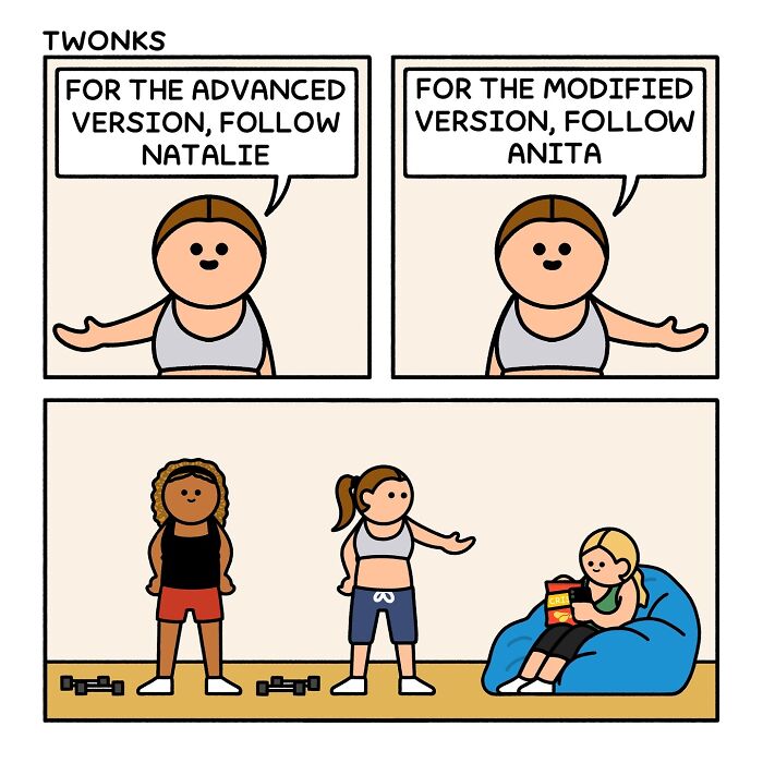 Sarcasm-filled comic by British artist Steve Nelson showing workout advice with humorous character illustrations.