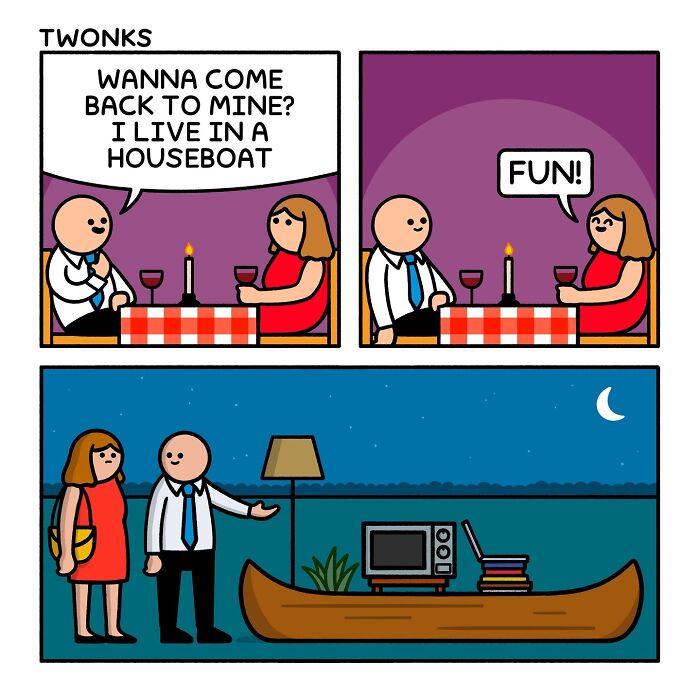 Sarcasm-filled comic by British artist Steve Nelson showing a date on a houseboat with unexpected humor.