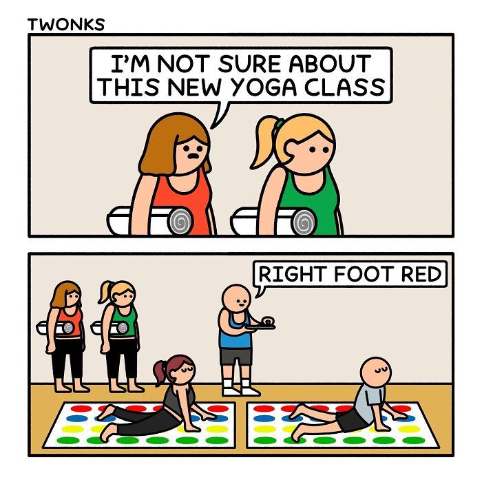 Sarcasm-filled comic by British artist Steve Nelson showing confused yoga class participants playing a Twonk-style game.