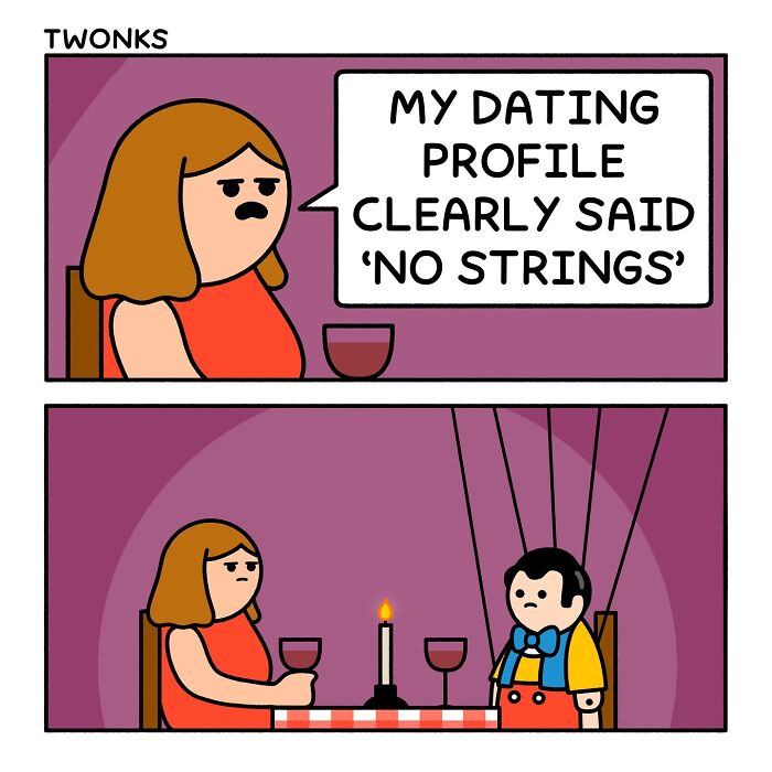 Sarcasm-filled comic by British artist Steve Nelson showing a woman upset with a puppet-like date on a dinner table.