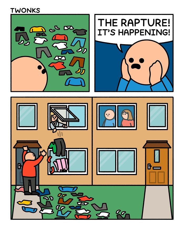 Sarcasm-filled comic by British artist Steve Nelson shows a character overwhelmed by falling clothes from a window outdoors.