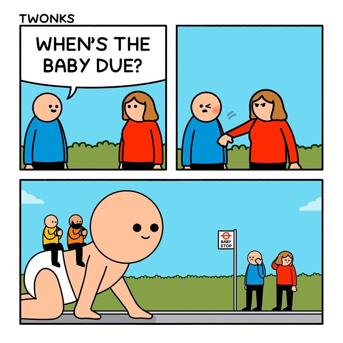 sarcasm-filled comic by British artist Steve Nelson featuring a humorous giant crawling baby at a bus stop