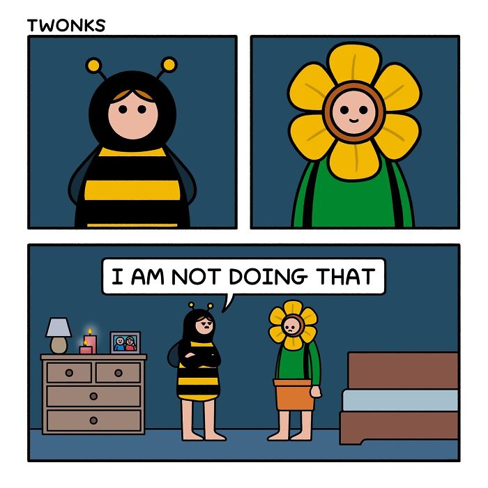 Sarcasm-filled comic panels by British artist Steve Nelson showing a character in a bee costume and another dressed as a flower.