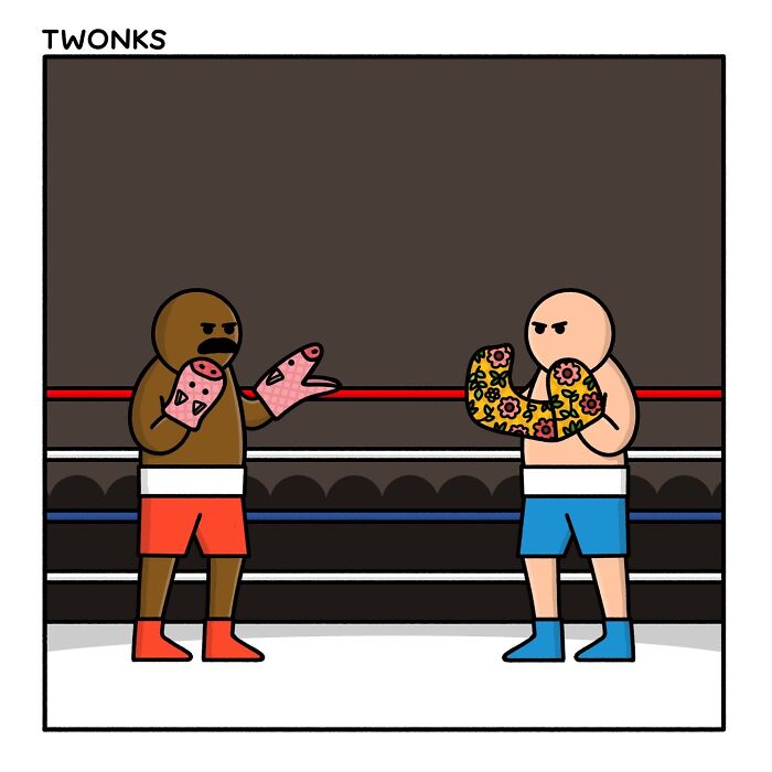 Two cartoon boxers wearing gloves, one with floral-patterned boxing gloves, in a sarcastic comic style.