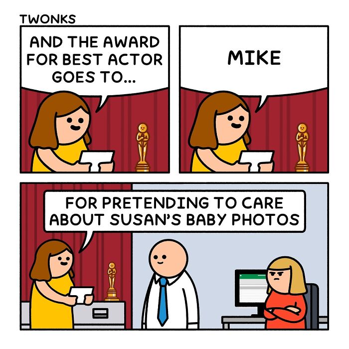 Sarcasm-filled comic panel showing an award ceremony for pretending to care about baby photos by British artist.