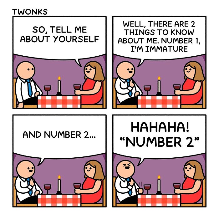 Sarcasm-filled comic by British artist Steve Nelson showing a humorous dinner conversation about immaturity and jokes.