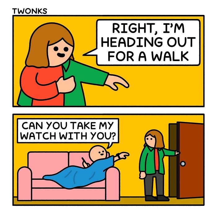Sarcasm-filled comic by British artist Steve Nelson shows a person asking to take a watch while another heads out for a walk.