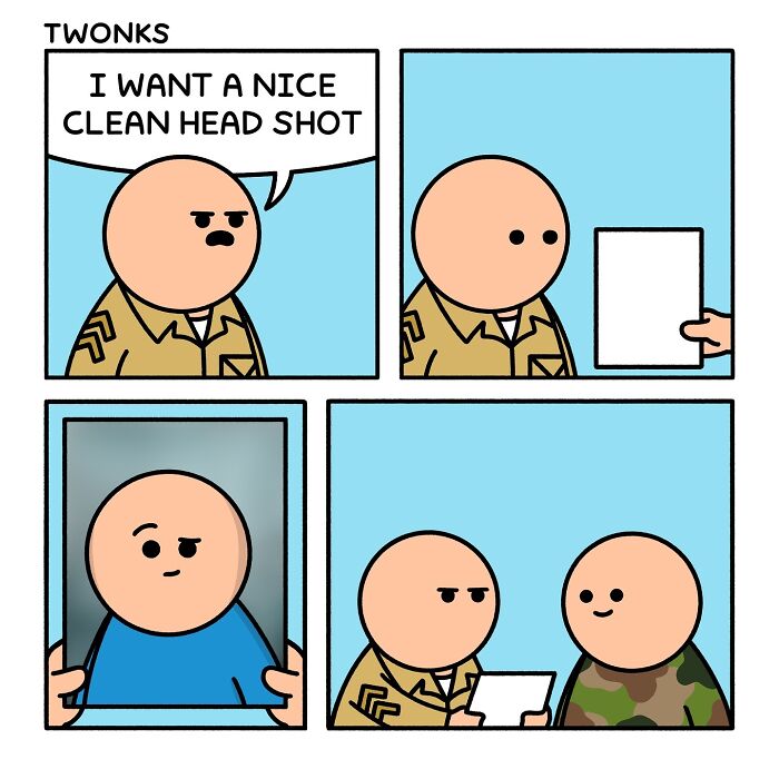 Sarcasm-filled comic by British artist Steve Nelson shows a soldier asking for a clean headshot with humorous results.