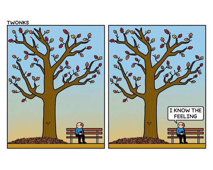 Sarcasm-filled comic by British artist Steve Nelson showing a man on a bench under a tree with falling leaves.