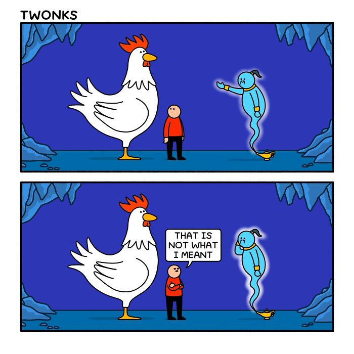 Sarcasm-filled comic by British artist Steve Nelson featuring a man, giant chicken, and a disappointed genie in a cave.