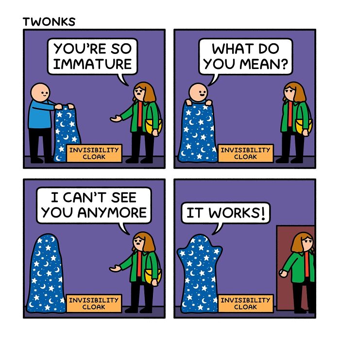 Sarcasm-filled comic by British artist Steve Nelson shows a humorous invisibility cloak gag with two cartoon characters.