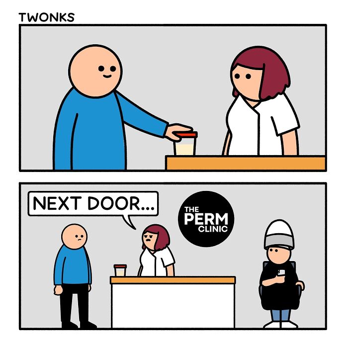 Sarcasm-filled comic by British artist Steve Nelson shows a coffee handoff with a pun on the perm clinic next door.