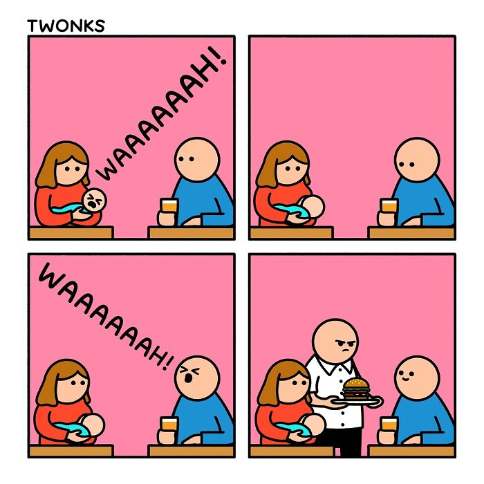 Sarcasm-filled comic by British artist Steve Nelson showing a crying baby, parents, and a frustrated waiter with a burger.