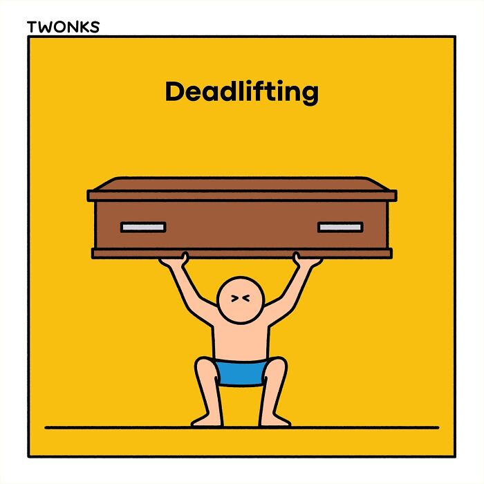Sarcasm-filled comic by British artist Steve Nelson showing a person deadlifting a coffin humorously.