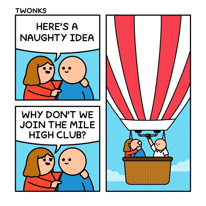 Sarcasm-filled comic by British artist showing a couple in a hot air balloon with a humorous naughty idea dialogue.
