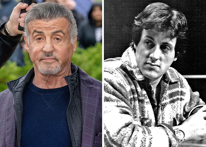 Actor Sylvester Stallone in a side-by-side image showing him in present day and early career, highlighting celebrity homelessness struggles.