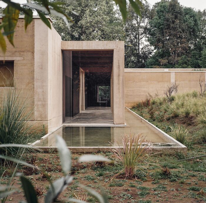Minimalist concrete structure by a reflecting pool surrounded by greenery, captured in an analog photo style.