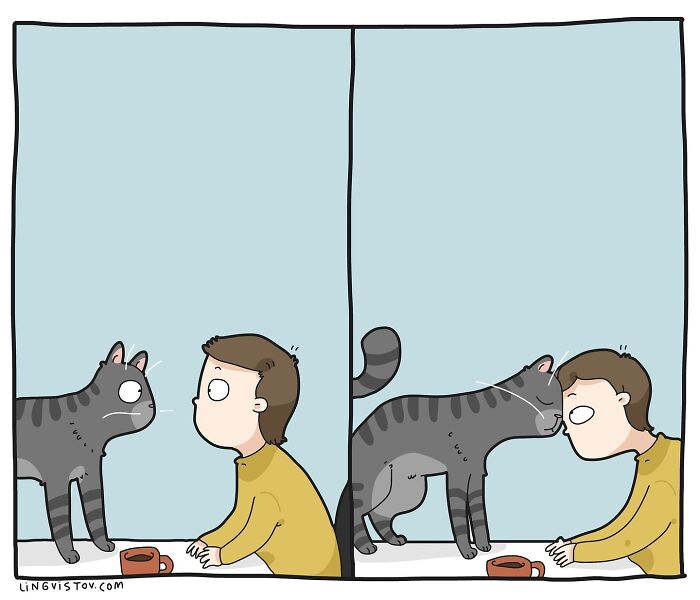 Cat owner sharing a playful moment with their pet in a fun comic illustrating relatable cat behavior.