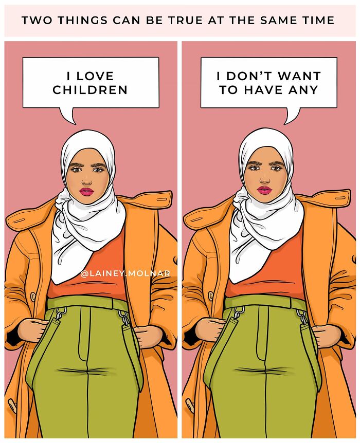 Illustration by Lainey Molnar showing a woman in hijab expressing love for children but not wanting any, challenging societal expectations.
