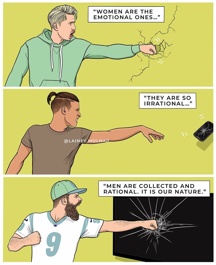 Illustration by Lainey Molnar showing men breaking objects while challenging societal expectations of women and rationality.